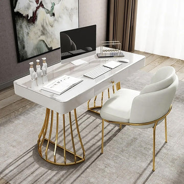 White Dining Chair Modern Cotton & Linen Upholstered Dining Chair in Gold Finish
